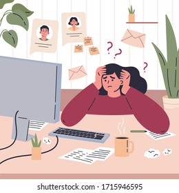 Girl working remotely during quarantine at home.Freelancer is stressed through a lot of work.Young woman sitting at the desk in her room and working.Vector colorful illustration.Flat cartoon character