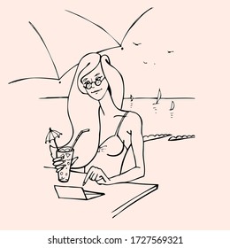 The girl is working and resting on the sea. The combination of work and leisure. Vector. Trace. Contour image without filling.