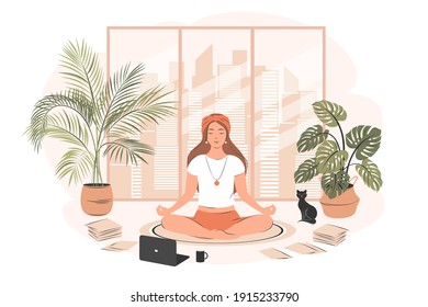 La niña trabaja y descansa en condiciones cómodas desde su casa. Concepto de trabajo a distancia, yoga, meditación, relajación, recreación, estilo de vida saludable, Hospédese en casa. Ilustración vectorial en un estilo plano