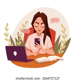 Girl  working или studying with laptop at home, sitting at table. Hangs up in chats on a smartphone instead of work, study. Procrastination concept. Women routine, 
everyday life. Vector illustration.