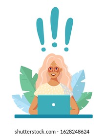 The girl is working or studying for a laptop, she found a solution to the problem, a new idea. The concept of online learning, remote work, online communication. Character and exclamation marks