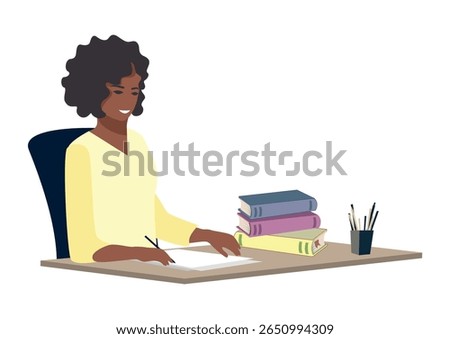 Girl working or studying at the table with books and making notes. Education and work process. Vector illustration on white background.
