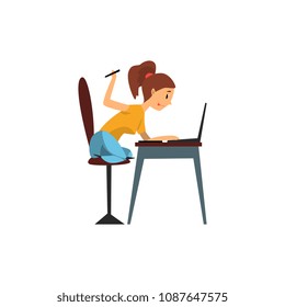 Girl working with tablet in front of computer screen cartoon vector Illustration on a white background