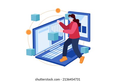 Mädchen, die virtuell Illustration Konzept. Flache Illustration einzeln auf weißem Hintergrund.