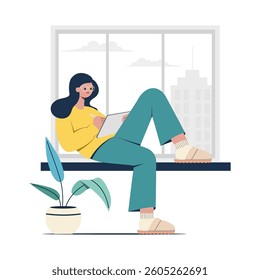 Girl working while sitting on the windowsill. Color vector illustration.