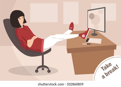 Girl in the workplace. Break. Designer. Vector isolated illustration. Cartoon character