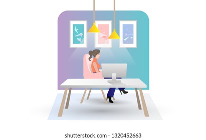 Girl in the workplace. Office routine. Vector illustration in bright colors. Eps10 vector illustration.