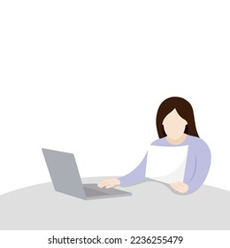 Niña en el lugar de trabajo en la oficina, trabajando con documentos, vector plano, aíslar en blanco, trabajador de oficina, ilustración sin rostro