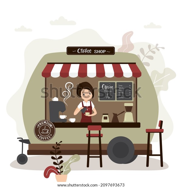 Girl works as barista in food truck. Worker\
prepares hot drinks for takeaway customers. Small business concept.\
Street cafe with varied menu. Woman in pouring milk into cup. Flat\
vector illustration