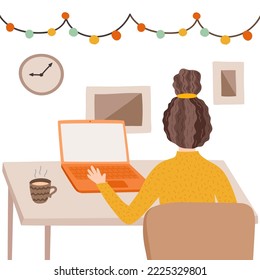 Girl trabaja antes de la computadora, tecleando en el teclado, mirando en la pantalla. Vista posterior. Negocios modernos, estilo de vida, concepto educativo. Ilustración vectorial con una mujer joven. Trabajo de oficina en casa, freelance.