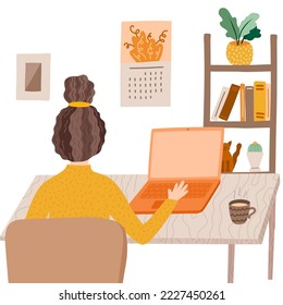 Girl works before computer, typing on keyboard, looking on the screen. Back view. Modern business, lifestyle, educational concept. Vector illustration with young woman. Office work at home, freelance.