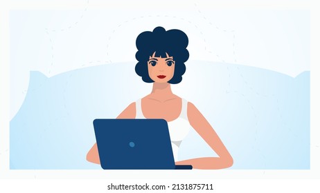 The girl works behind a laptop The concept of work, education and shopping. Vector illustration in a flat style.