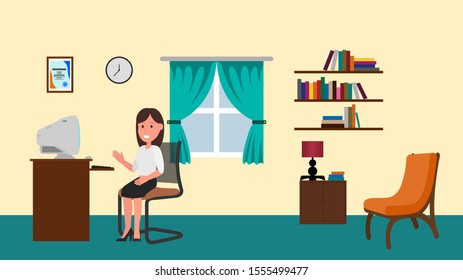 The girl works at the computer.