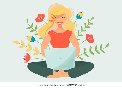 The girl works at the computer against the background of flowering plants. Cute blonde with a laptop in nature. Happy woman in red T-shirt, freelancer. Vector for web design in cartoon flat sty