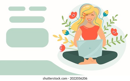 The girl works at the computer against the background of flowering plants. Cute blonde with a laptop in nature. Flat vector template, business card, banner.Happy woman in red T-shirt, freelancer.