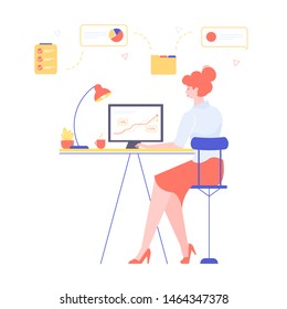A girl works at a computer, analytics manager, report preparation, statistics output character flat people vector