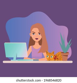 Chica trabaja en la computadora con gato