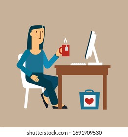 The girl works at the computer. Flat style vector illustration.