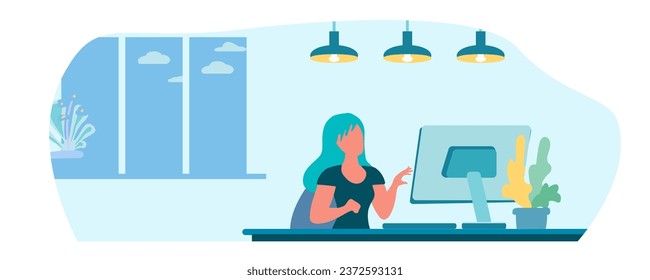 A girl works at a computer in her home office. Remote study concept. Remote work for a freelancer. Interior, evening, lighting, lamps, indoor plants, . Cartoon flat vector illustration.
