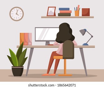 The girl works at the computer. Manager's home office. Freelancer desktop. Vector illustration