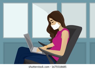 Girl works computer mask in modern style. Remote work. vector illustration in fla style.