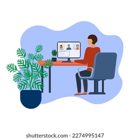La chica trabaja en la computadora de la oficina. Ilustración vectorial.
