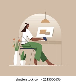 Girl works at a computer, office worker, freelancer, digital profession, email, answer an incoming letter. Colorful flat illustration