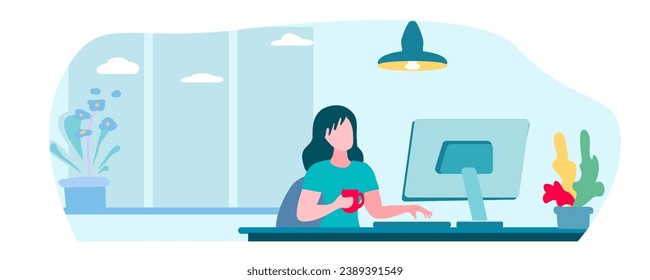 La chica trabaja en la computadora. Concepto de estudio remoto. Trabajo remoto para un autónomo. Interior, noche, iluminación, lámparas, plantas interiores, ventana, nubes, noche. Dibujo vectorial plano de dibujos animados.