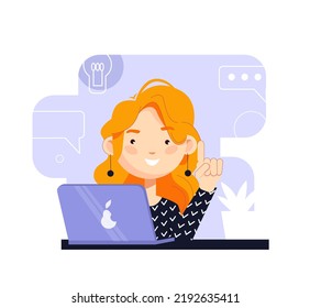 The girl works at the computer and she has an idea. Cute redhead girl at the laptop. Vector illustration in flat cartoon style isolated on white background