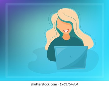 The girl works at the computer. Simple portrait of a cute happy blonde woman with laptop. Work from home. Distance learning. Vector illustration on a blue background. Trendy flat design.