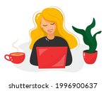 The girl works at the computer. Smiling, happy blonde with a laptop and a cup of tea or coffee. Remote work and training in comfort. Cartoon flat vector illustration isolated on transparent background