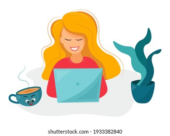 La chica trabaja en la computadora. Mujer rubia sonriente y feliz con portátil y una taza de té o café. Estudio y educación. Dibujo vectorial plano de dibujos animados aislado en fondo blanco.