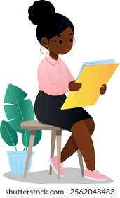 The girl works with documents