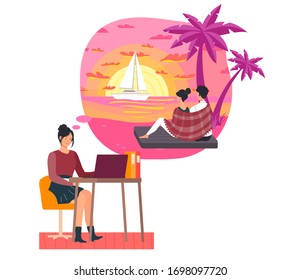 Girl Works Hard But Dreams Of A Date On The Beach, Attractive Couple, Female And Male Sit Beach, Ocean Shore, Isolated On White, Flat Vector Illustration. Sailing Boat On Sea Horizon, Lovely Sunset. 