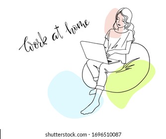 The girl works at home because of quarantine. Hand drawn sketch. Girl sitting in a chair with a laptop. Freelancer works from home. Lock down. Remote work. Everyone should stay home