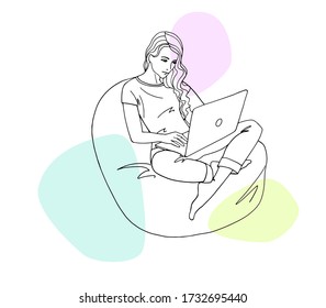 The girl works at home because of quarantine. Girl sitting in a chair with a laptop. Freelancer works from home. Black and white vector illustration. Line art. Lock down. Remote work.