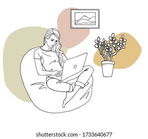 The girl works at home because of quarantine. Girl sitting in a chair with a laptop. Freelancer works from home. Black and white vector illustration. Line art. Lock down. Remote work.