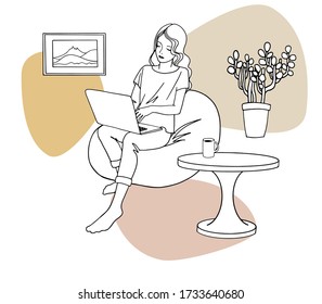 La niña trabaja en casa por cuarentena. Niña sentada en una silla con una laptop. El autónomo trabaja desde casa. Ilustración vectorial en blanco y negro. Arte de línea. Bloquear. Trabajo remoto.