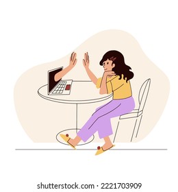 Girl works from home at computer communicates. Remote freelance