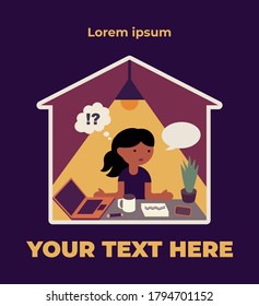 The girl works at home at the computer. Vector color illustration.