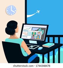 The girl works at home at the computer. Video conference. Frellance. Vector illustration in a flat style.