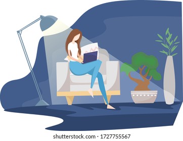 The girl works from home, distant work, freelancer. The dark room is lit by a lamp. A woman sits on an armchair and works in a laptop. Flat vector illustration.