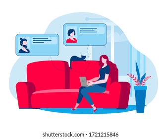 The girl works at home and holds a meeting online. Vector illustration on the topic of online communication.