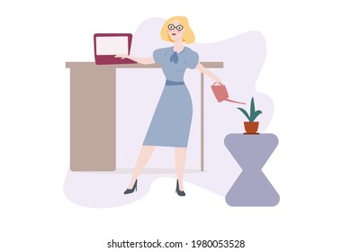 The girl works from home. Laptop, household chores, teacher. Distance learning, working. Flat illustration, girl watering a flower, working at a computer, from home