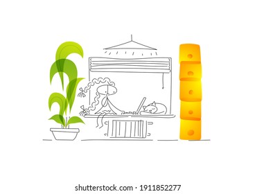 The girl works at home with a laptop on the window. Remote work at home with a cat and a houseplant. Characters are created in a linear style with a black line. Combined with brightly colored elements