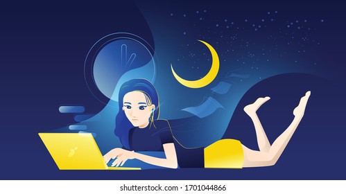 girl works from home at night time on bed with laptop 
