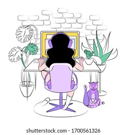 Girl works at home office at the computer with a cat and plants. Freelance girl working online as a remote employee, learning online courses. Cartoon line art Vector illustration.