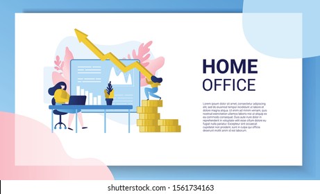 
The girl works in the home office. Telecommuting. Studies and analyzes graphs. Vector illustration.