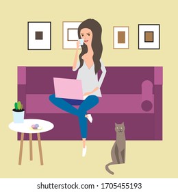 Girl works at home on a laptop remotely in isolation. Interior. Female character sits on a sofa and drinks coffee, a cat sits near, accessories. Vector illustration, flat cartoon.