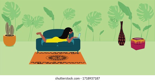 The girl works from home remotely in her cozy room. a bright illustration in a flat design